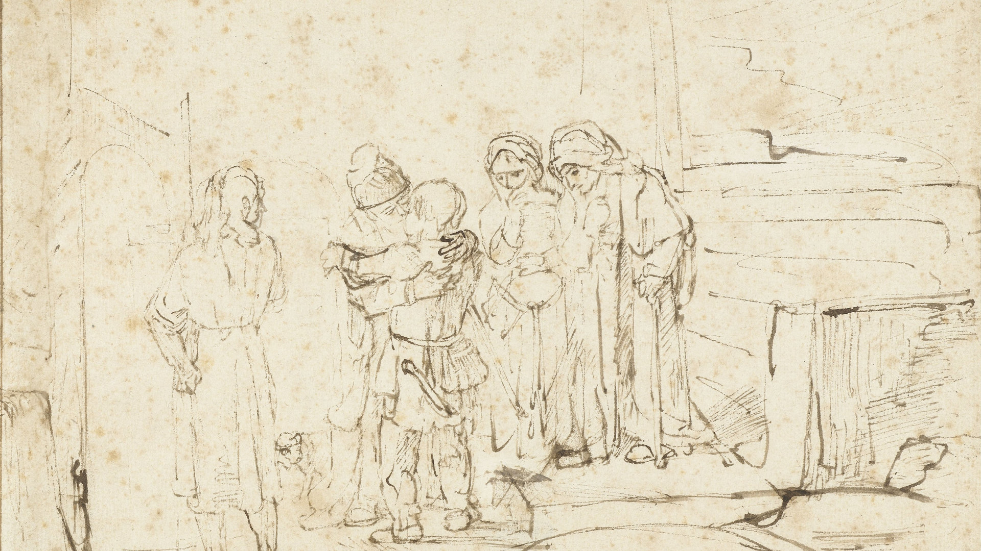 Tobias en de engel nemen afscheid van Raguel, Rembrandt van Rijn, ca. 1650 - ca. 1655